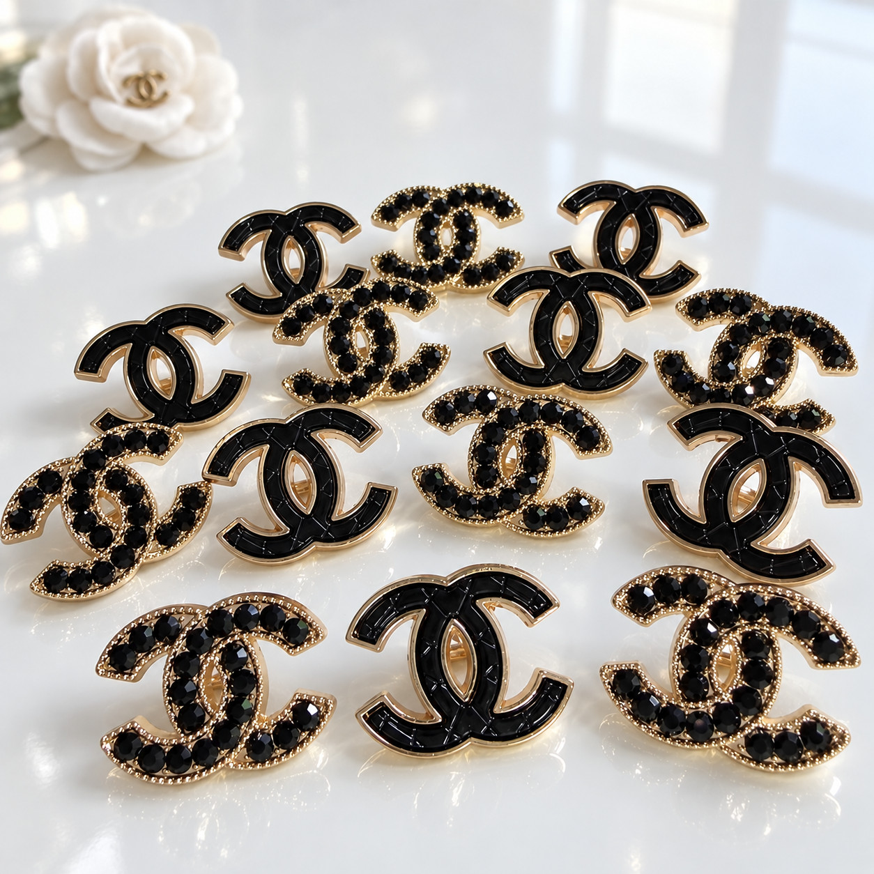 Mixed Set of 14 CHANEL CC Logo Designer Buttons Black Rhinestone Gold Tone