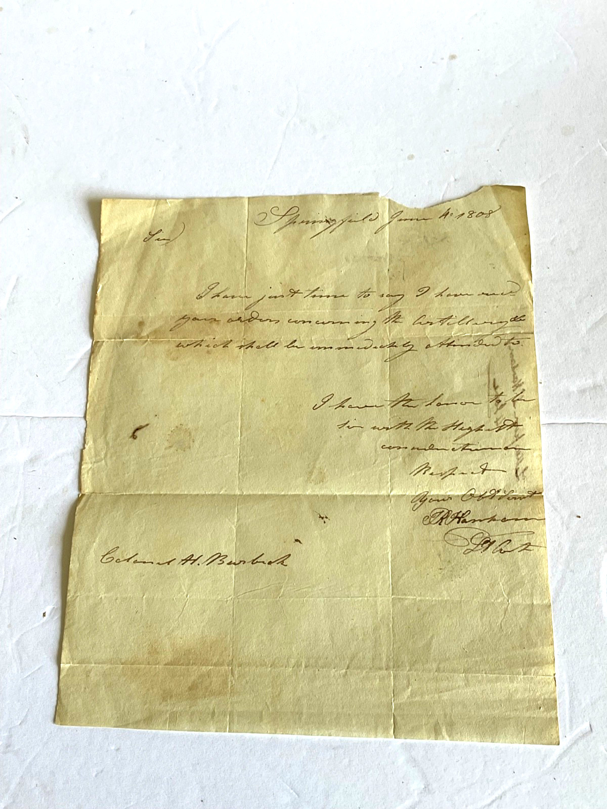 EARLY US ARMY JUNE 1808 DATED SPRINGFIELD ARTILLERY LETTER IMMEDIATE ATTENTION