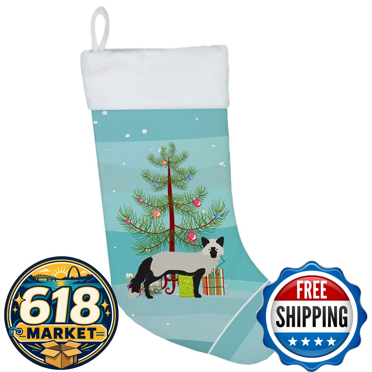 Caroline\'s Treasures BB9238CS Silver Fox Christmas Stocking - Teal