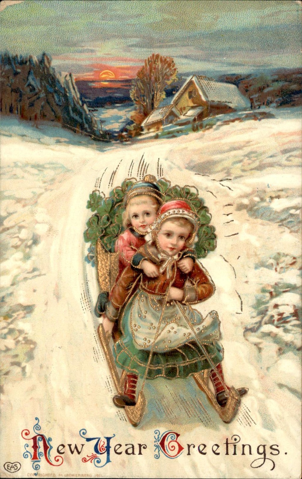 New Year\'s Children on Sled M. C. Hennings c1900s-10s Vintage Postcard