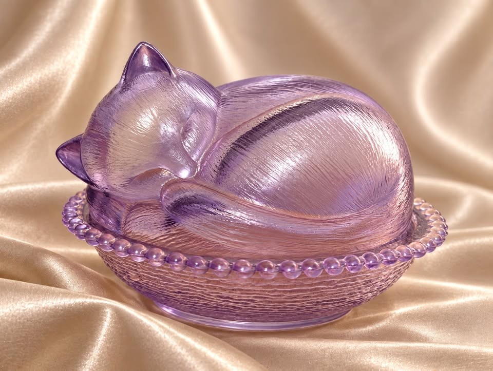 OOAK Satin Lavender Vintage Indiana Glass Sleeping Kitty Cat on Nest