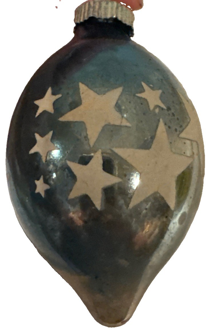Vintage Shiny Brite Star Stencils Ombre Teardrop Blue Glass Christmas Ornament