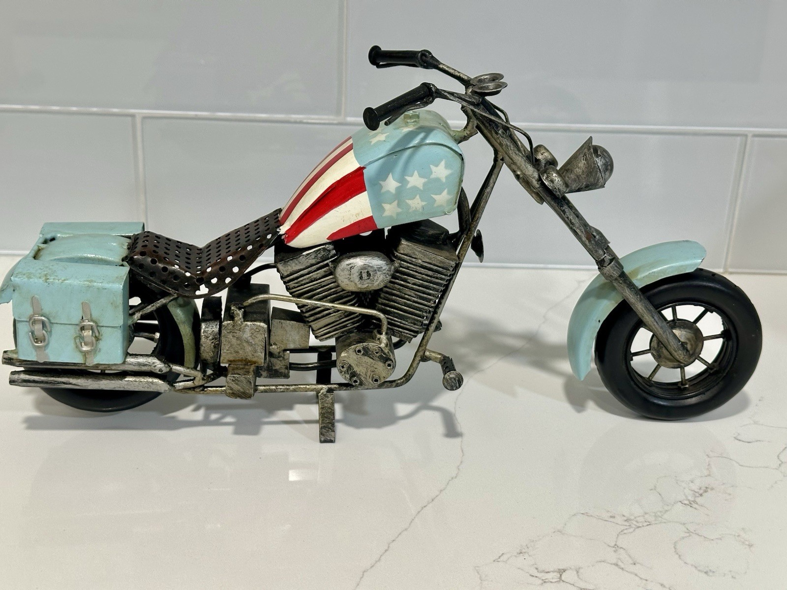 VINTAGE 1960'S HARLEY DAVIDSON CHOPPER METAL MOTORCYCLE FIGURINE USA Flag