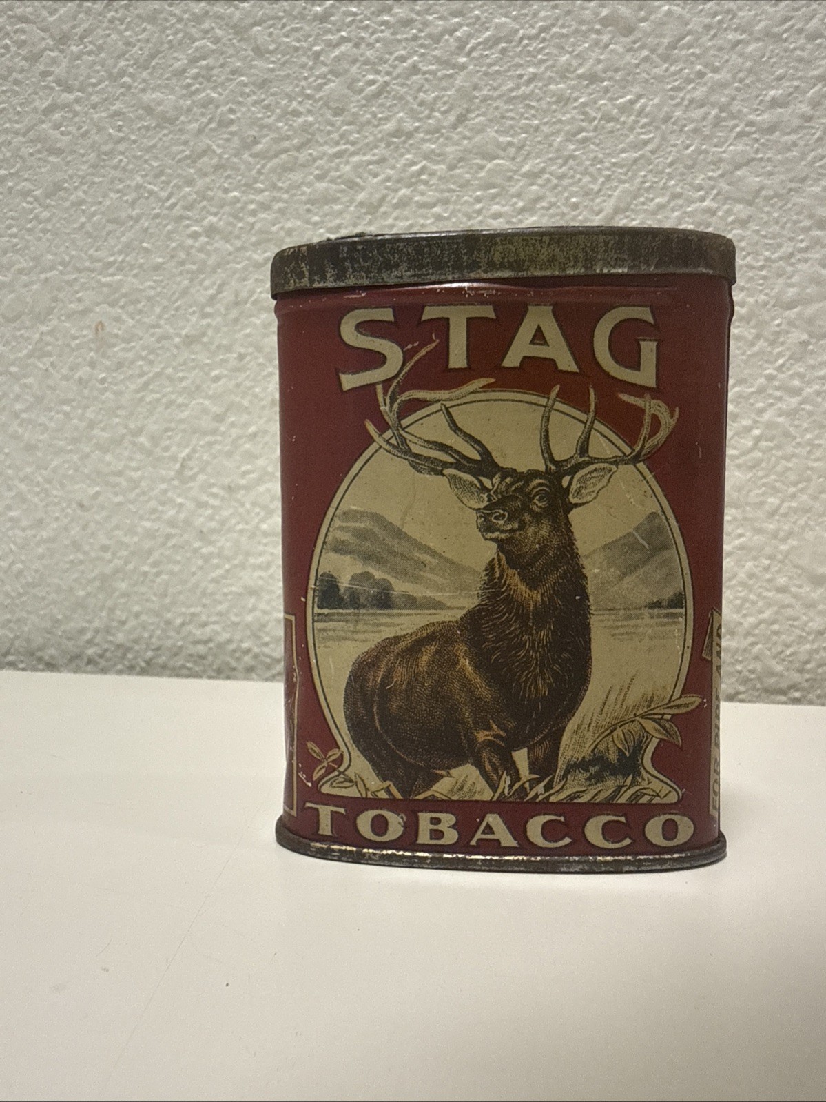 Antique STAG Tobacco Pocket Tin P. Lorillard Co Deer Litho Hinged Lid c1910s