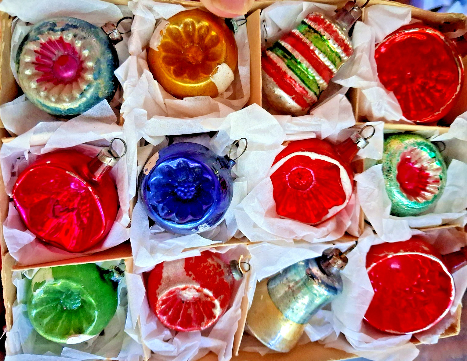 Lot Vtg Glass Bumpy BELL INDENT Ball Feather Tree Xmas Ornaments Japan Germany