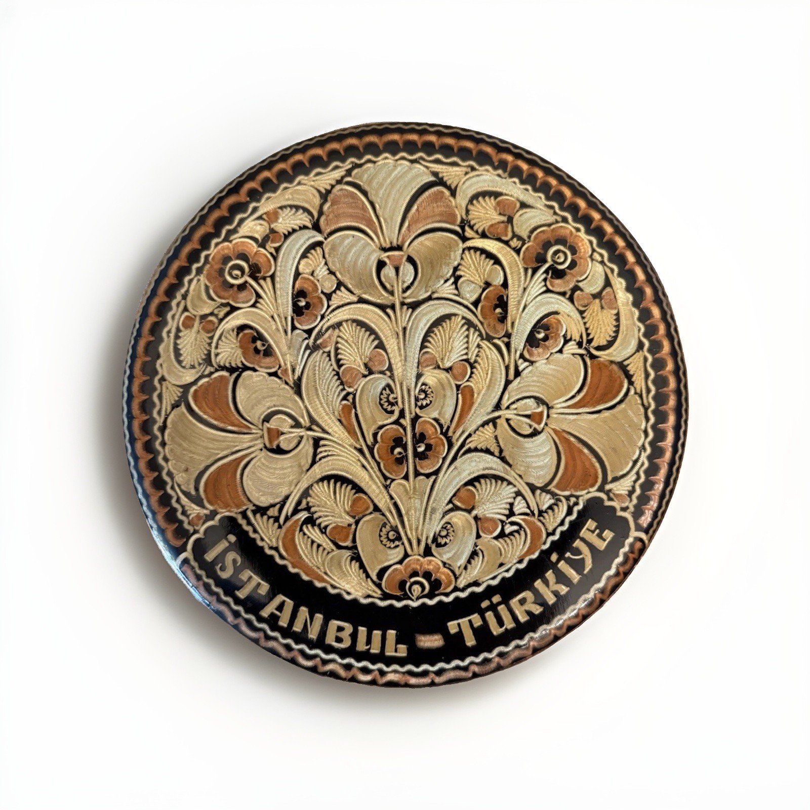 Vintage  etched copper wall plate w/ traditional floral motif Istanbul - Türkiye