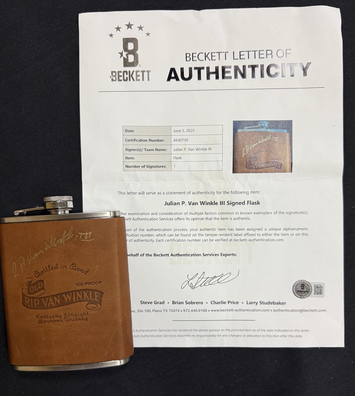 Pappy Van Winkle Leather Wrapped Flask Signed By Julian Van Winkle III 8 Oz. Pappy Van Winkle Leather Wrapped Flask Signed By Julian Van Winkle III 8 Oz.