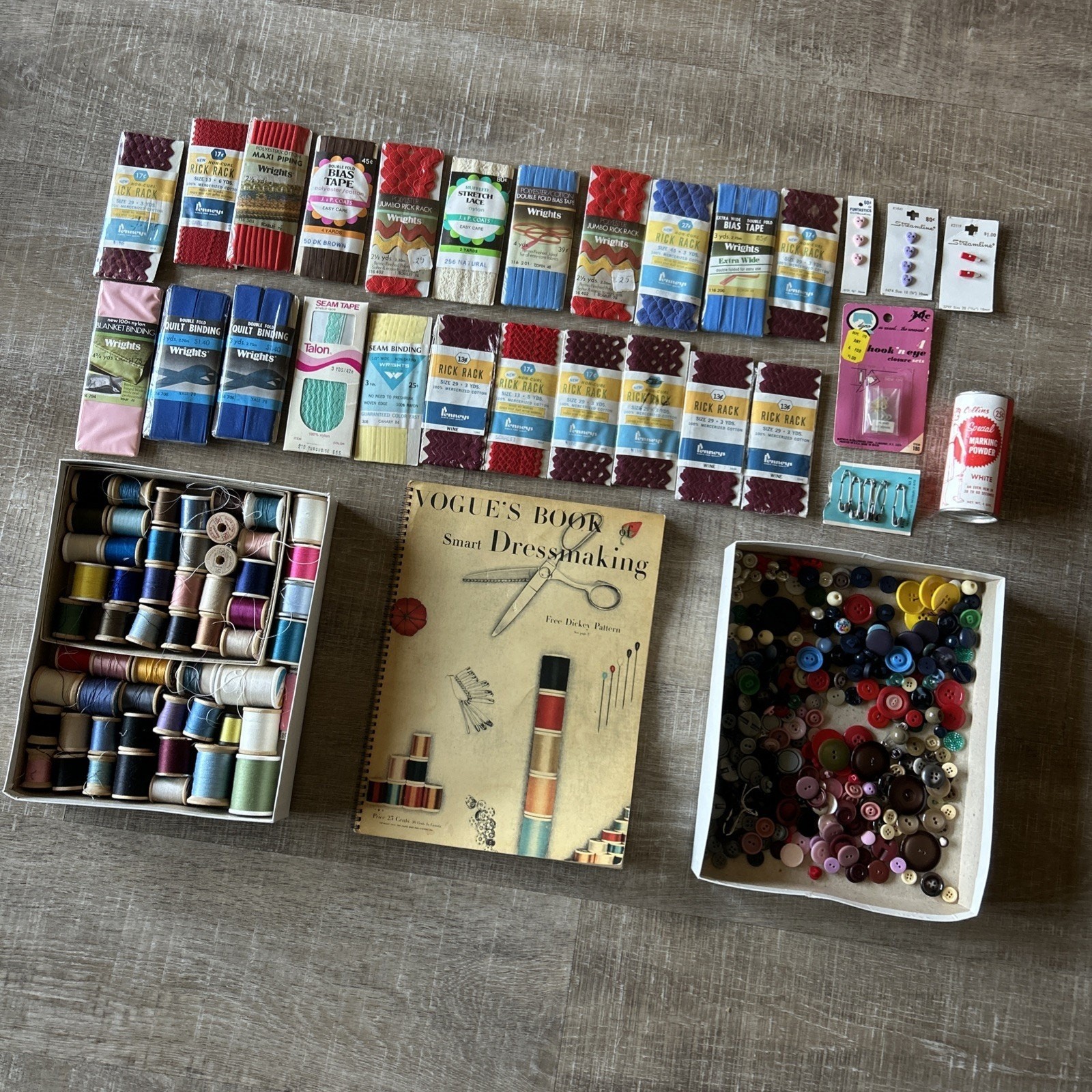 Huge Vintage Sewing Notions Lot Buttons Thread Piping Trim Vogue Dressmaker Book