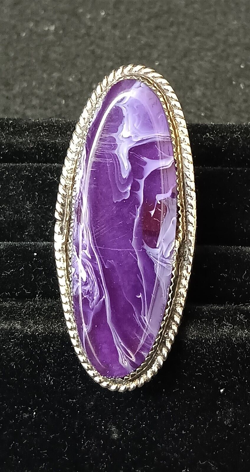 SIZE 9 SIGNED GERMAN SILVER PURPLE CHAROITE OVAL DES.NATIVE AMERICAN INDIAN RING