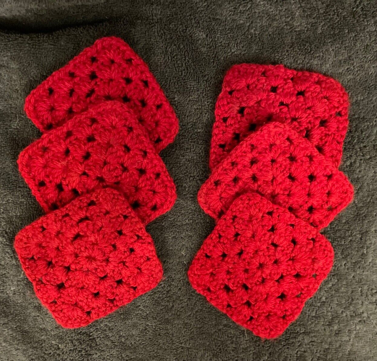 Vintage Handmade Crochet Granny Square Drink Coasters Trivets Set Of 6 Deep Red
