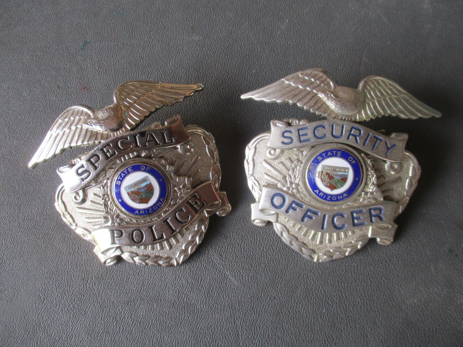 Vtg 1960s ARIZONA SPECIAL POLICE MOTORCYCLE ESCORT, Security Officer Hat Badges