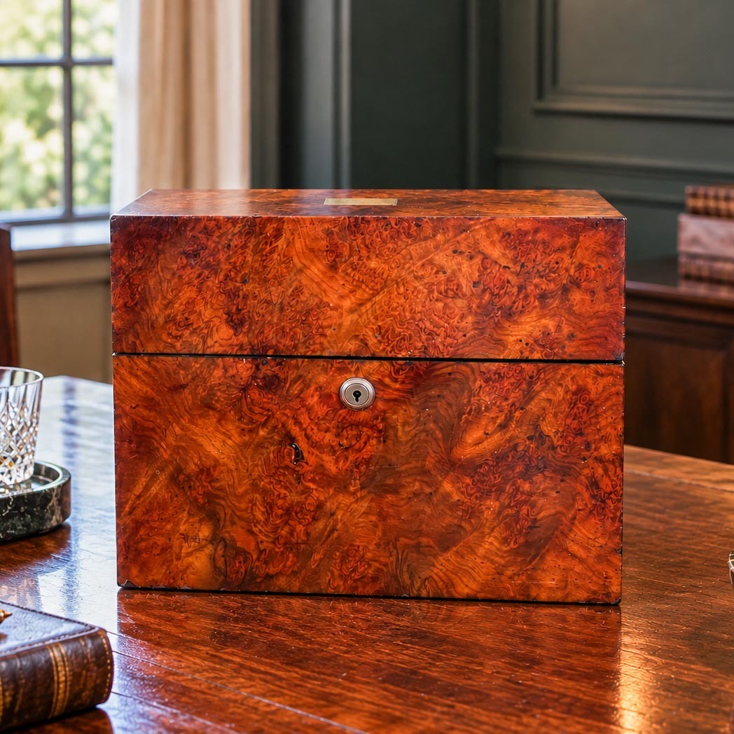 Stunning 19th Century Antique Victorian English Burl Wood 3 Decanter Box Bramah 