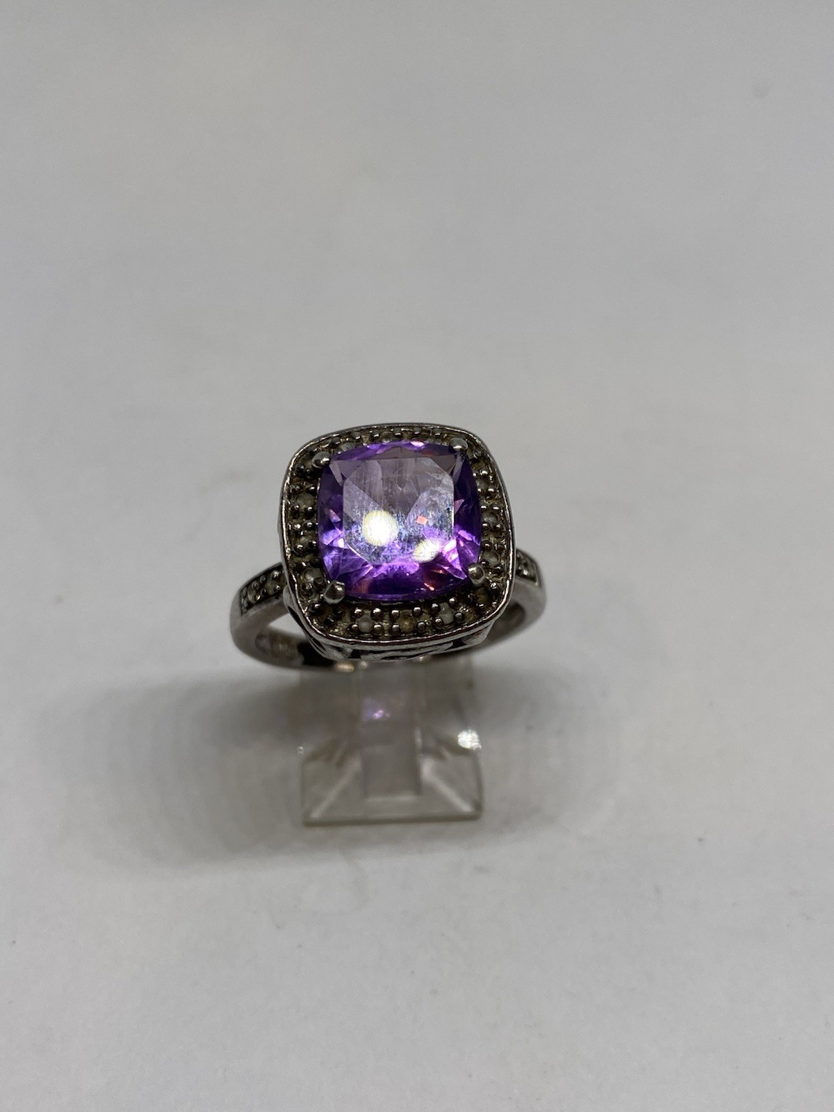 SIZE 9 6.5g AMETHYST DIAMOND ACCENT TOPAZ FINE STERLING SILVER RING STAMPED