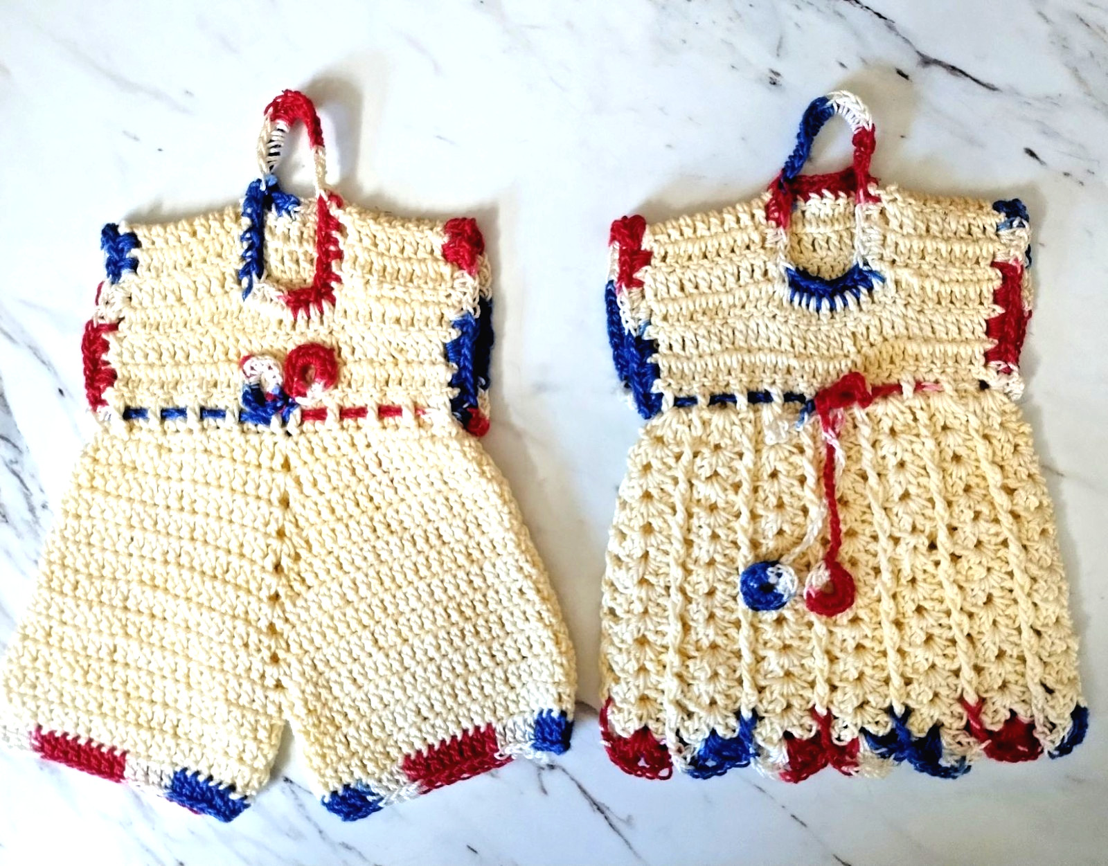 Vintage crocheted boy & girl clothes pot holders hot mats red white & blue Vintage crocheted boy & girl clothes pot holders hot mats red white & blue