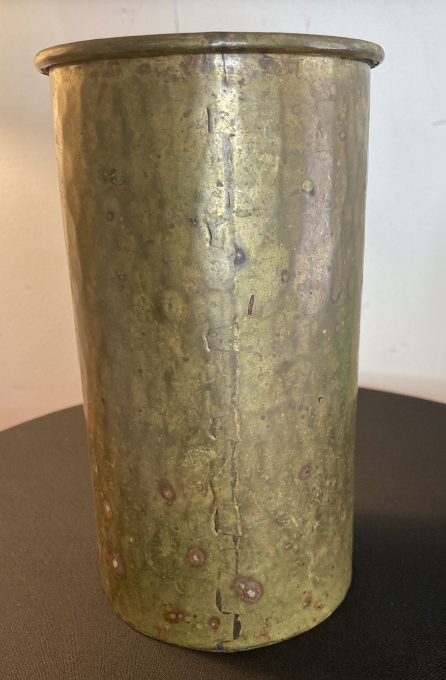 Antique Brass Cylinder Canister Hand Hammered Dovetail Primitive Patina 7 3/4” T
