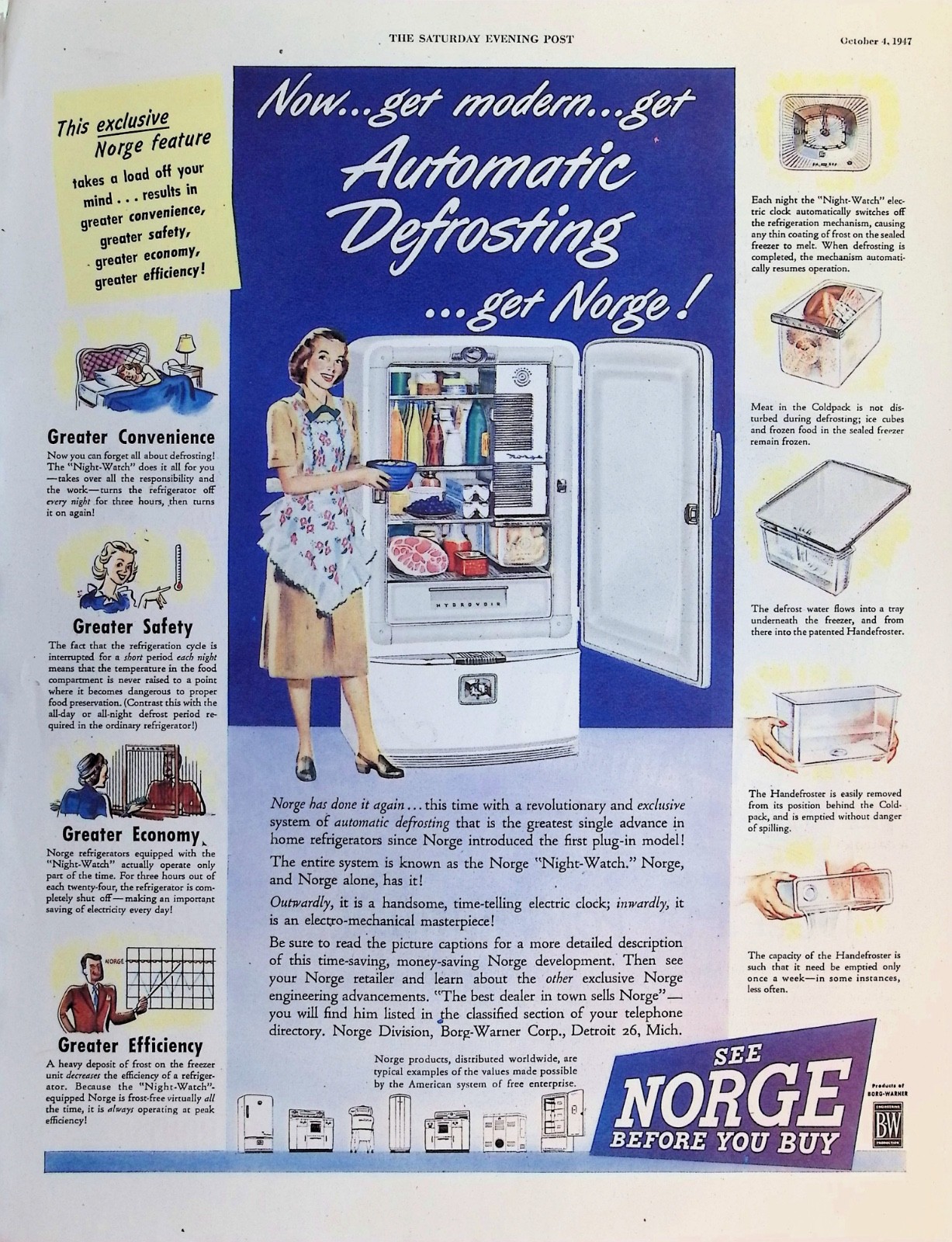 Original 1947 Norge Ad: Automatic Defrosting Night Watch Refrigerator Home Art