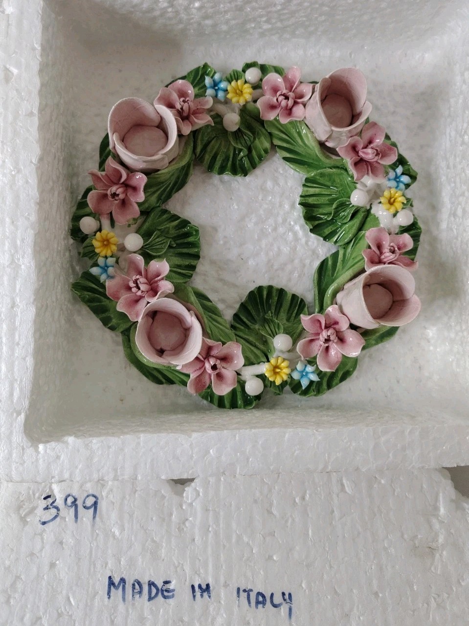 Italian Ceramic floral candleholder wreath With Flowers /Leaves Handmade Rare