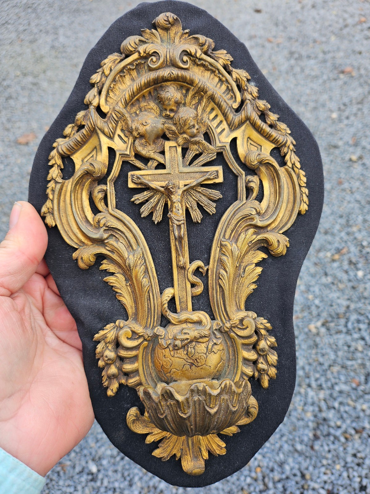Antique brass Snake angels holy water font plaque religious