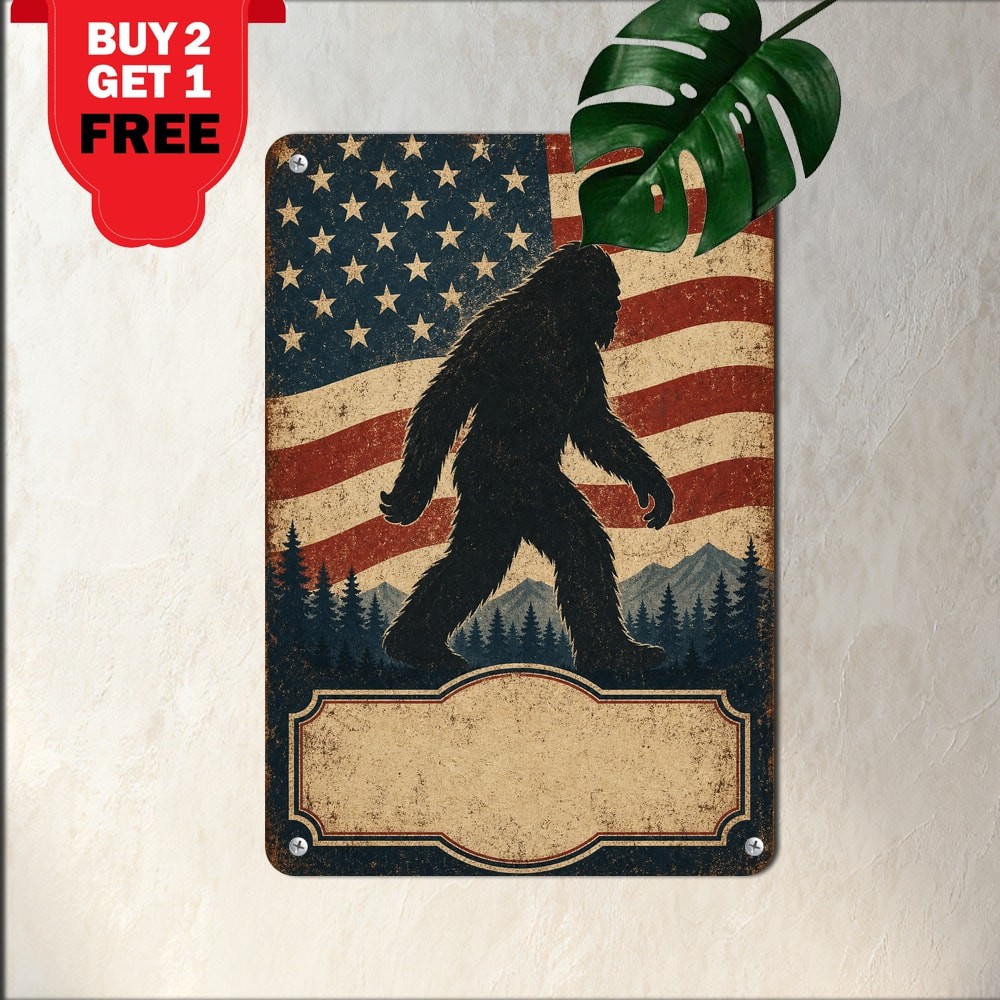 Cryptid Sasquatch USA Flag Sign Retro Wildlife Camping Cabin Metal Plaque