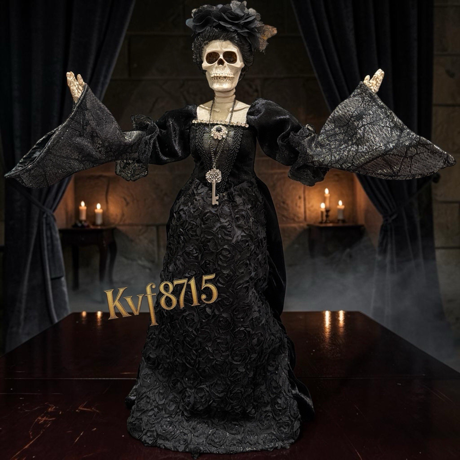 Gothic Victorian Skeleton Bride Figurine Black Floral Dress Halloween 21“ New