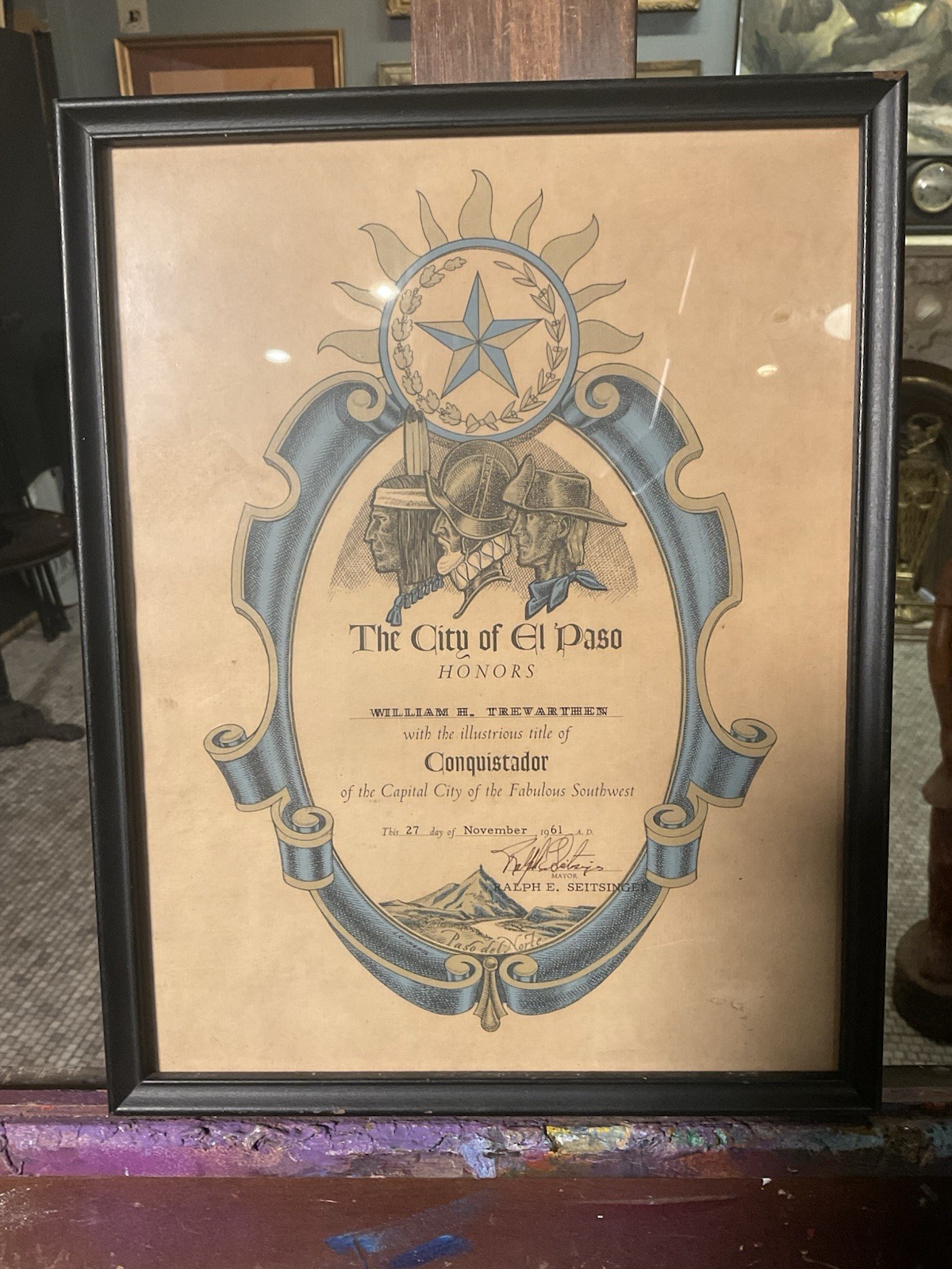1961 City of El Paso Conquistador Honor Certificate Framed 10x13 Texas History