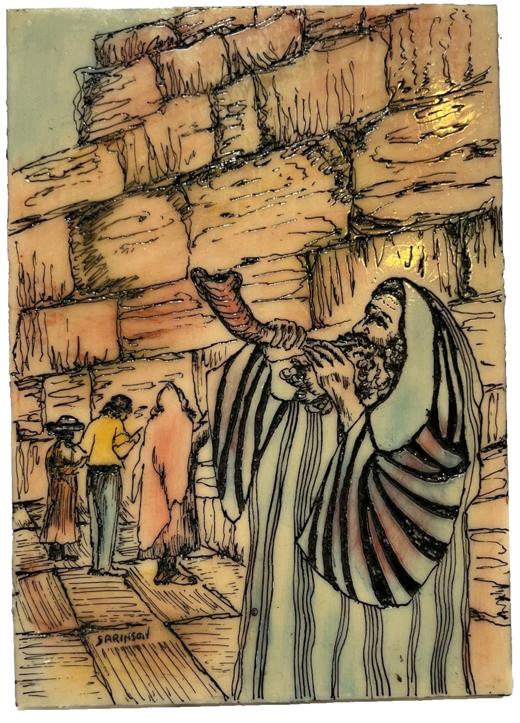 Vintage Blowing Shofar Western Wailing Wall Etched Art Israel Jewish Judaica