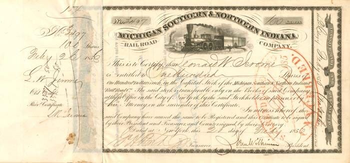 Michigan Southern and Northern Indiana Railroad signed by Leonard W. and L. R. J