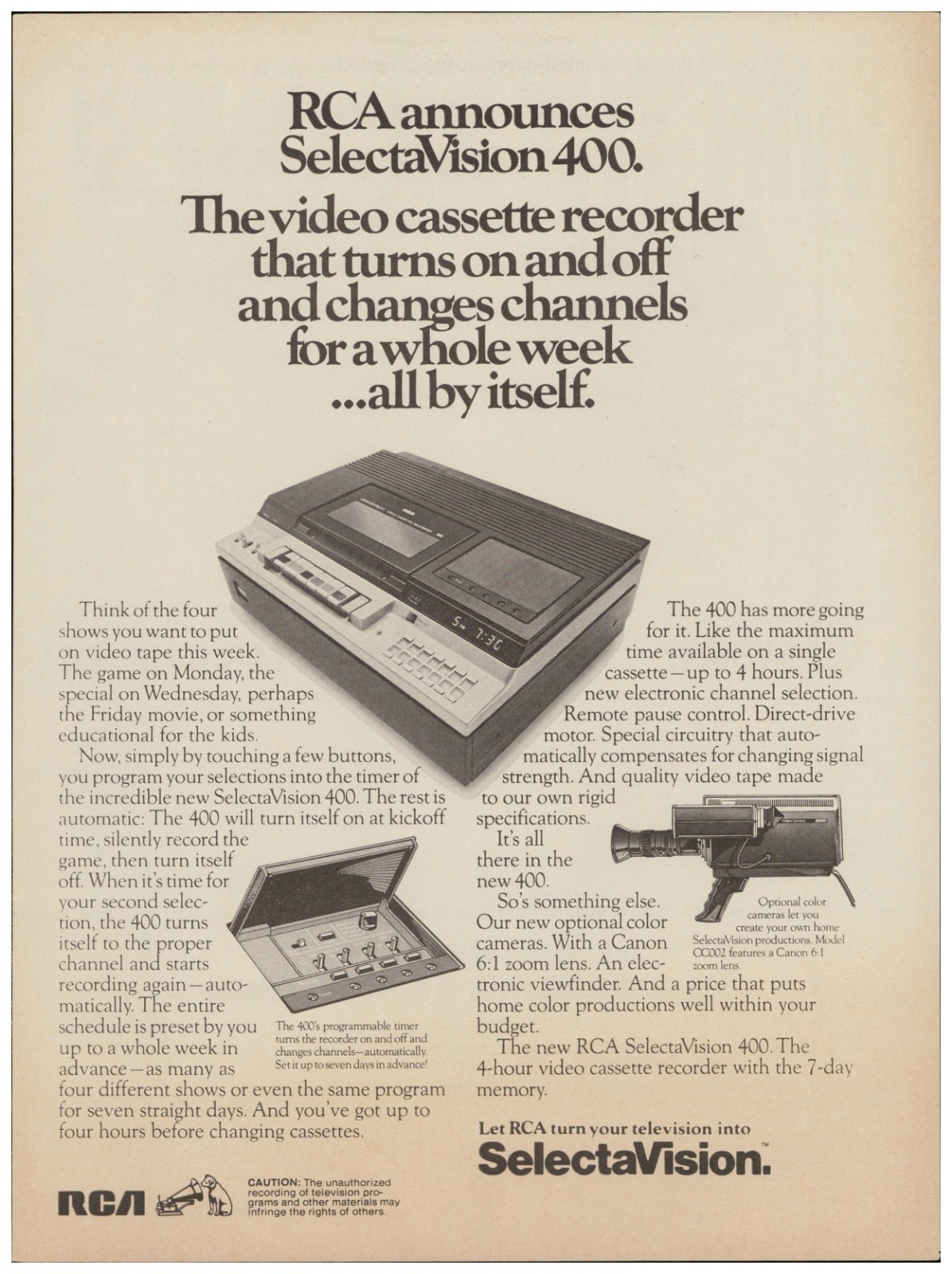 1978 Vtg Print Ad RCA Selectavision Television VCR Old Magazine Advertisement