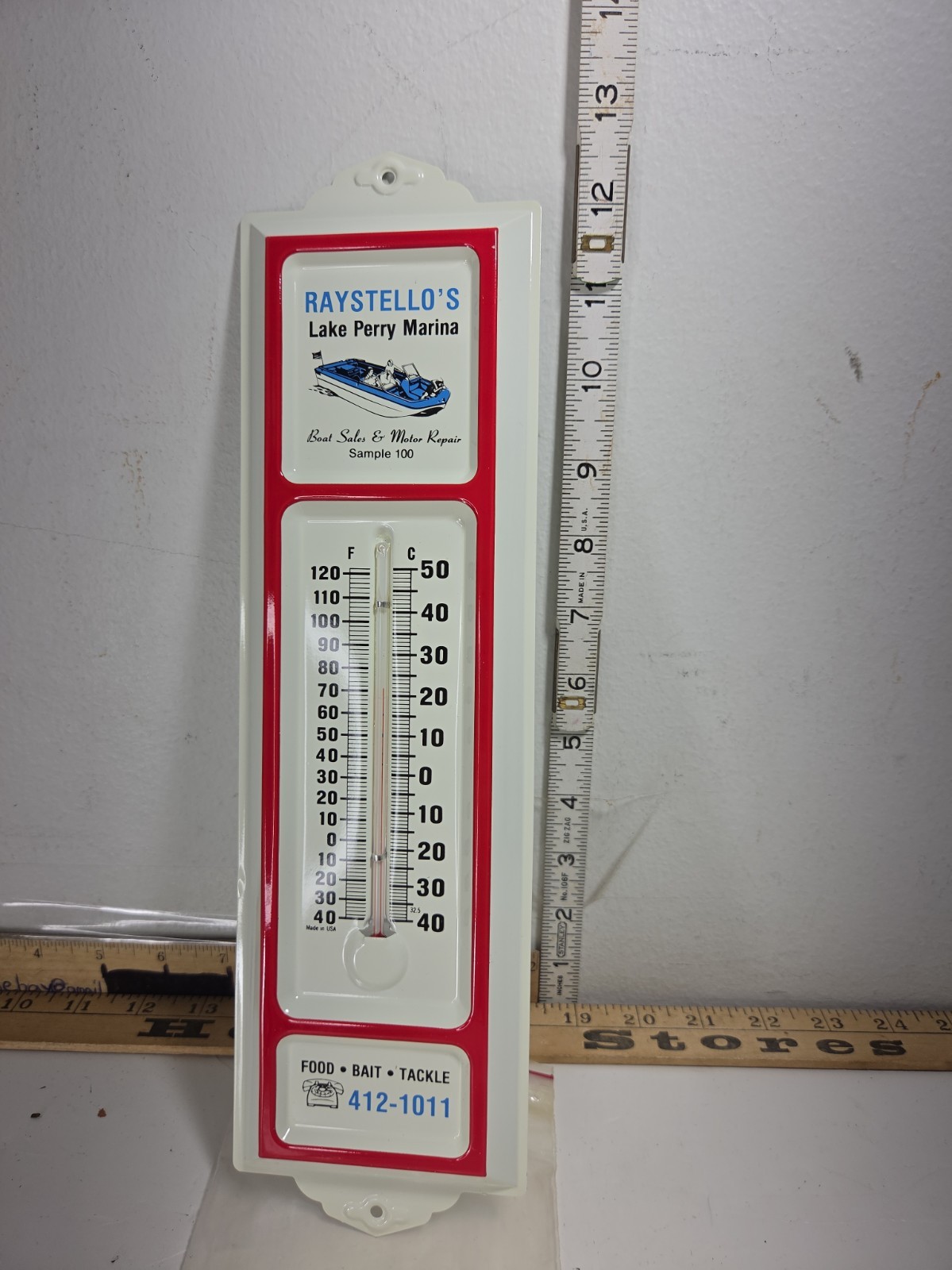 Vtg Raystello\'s Lake Perry Marina Metal Thermometer Advertising Boat Sign TD55D