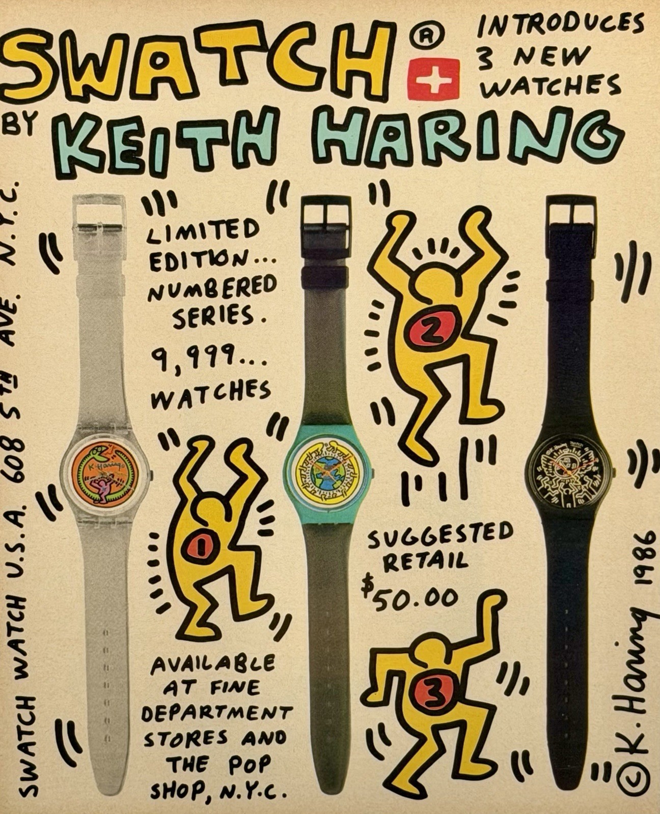 Keith Haring Swatch 1986 Original Magazine Print Ad Pop Shop Mounted Preserved