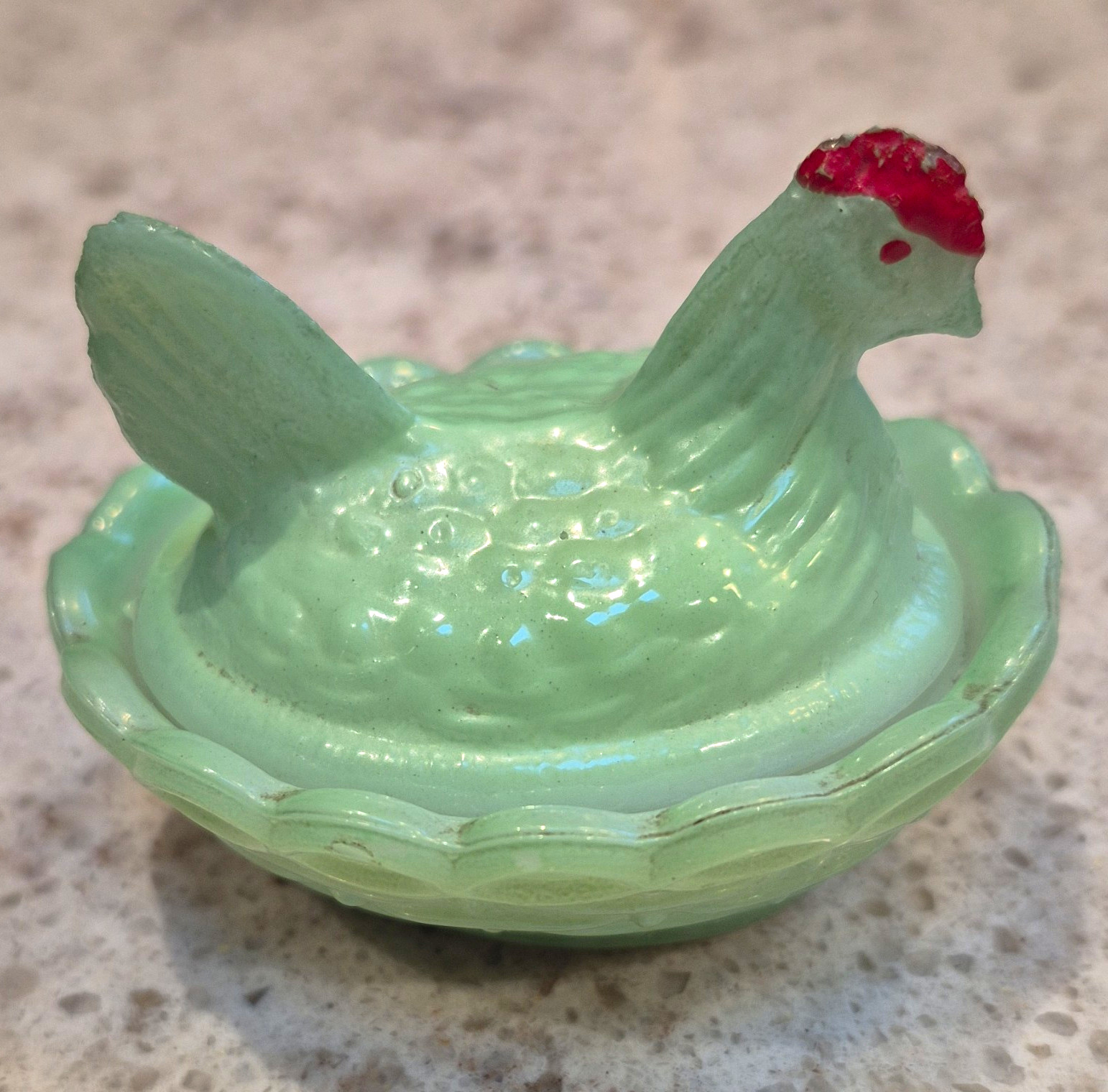 Westmoreland Fired On Paint Over Milk Glass Mini Hen On Nest Salt Dish.