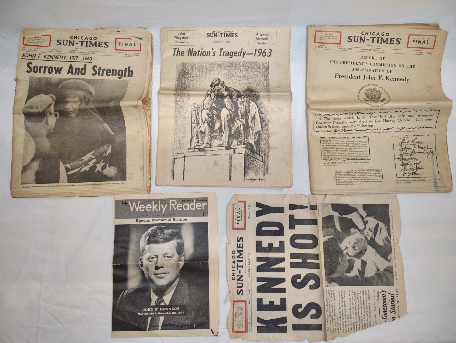 JFK Newspaper Lot 1963 1964 Warren Report Funeral Memorial RFK Weekly Reader