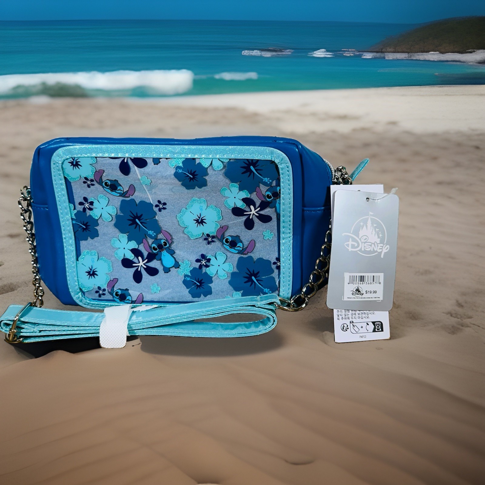NWT Disney Parks Lilo & Stitch Blue Floral Crossbody Purse Chain Strap