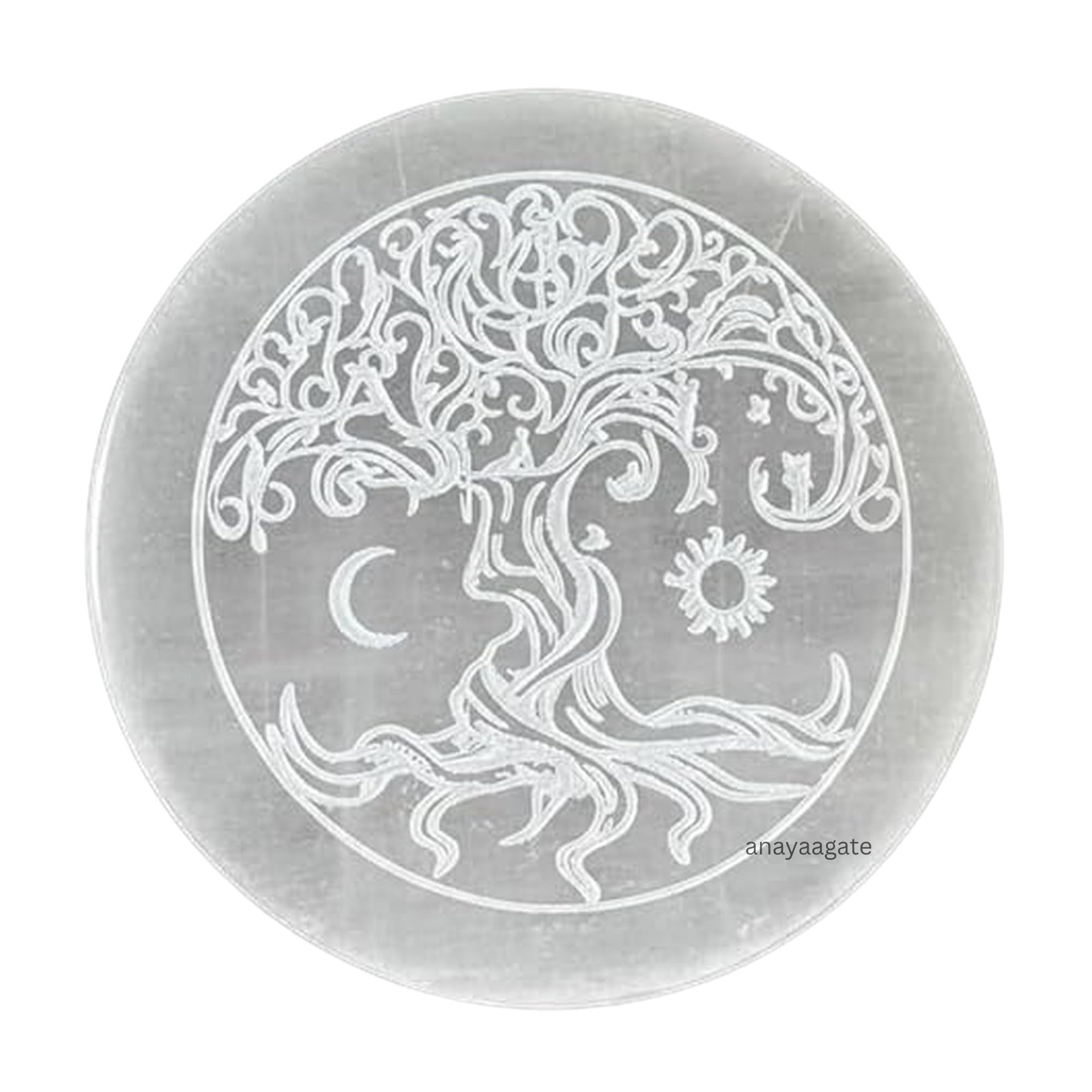 Selenite Crystal Charging Plate - Engraved Tree of Life Healing Stones Coaste...