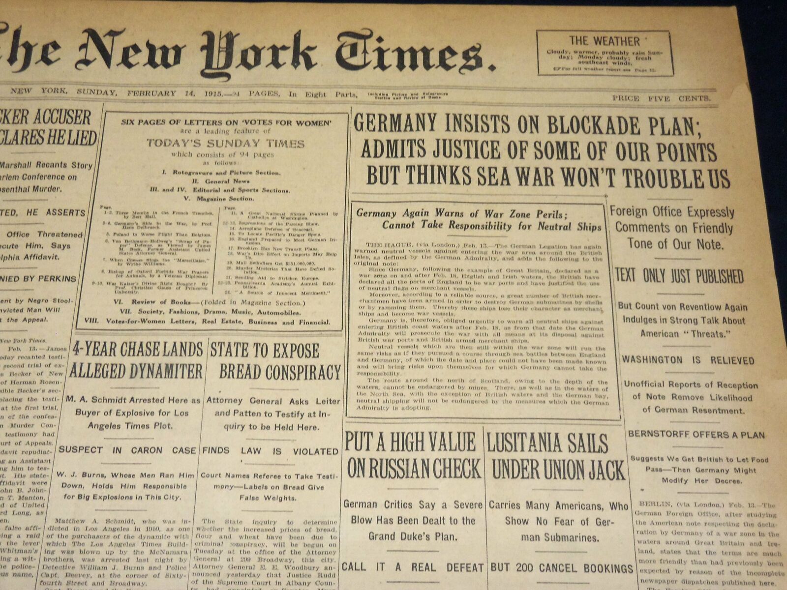 1915 FEBRUARY 14 NEW YORK TIMES - GERMANY INSISTS ON BLOCKADE PLAN - NT 7781