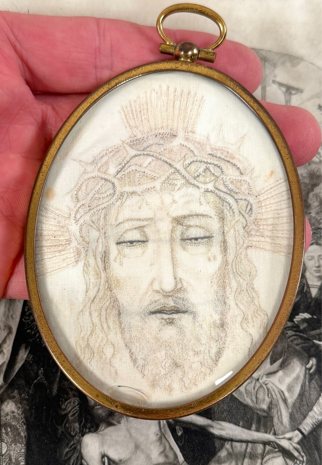 Antique Embroidered Miniature Veronica\'s Veil Holy Christ Portrait 19th C French