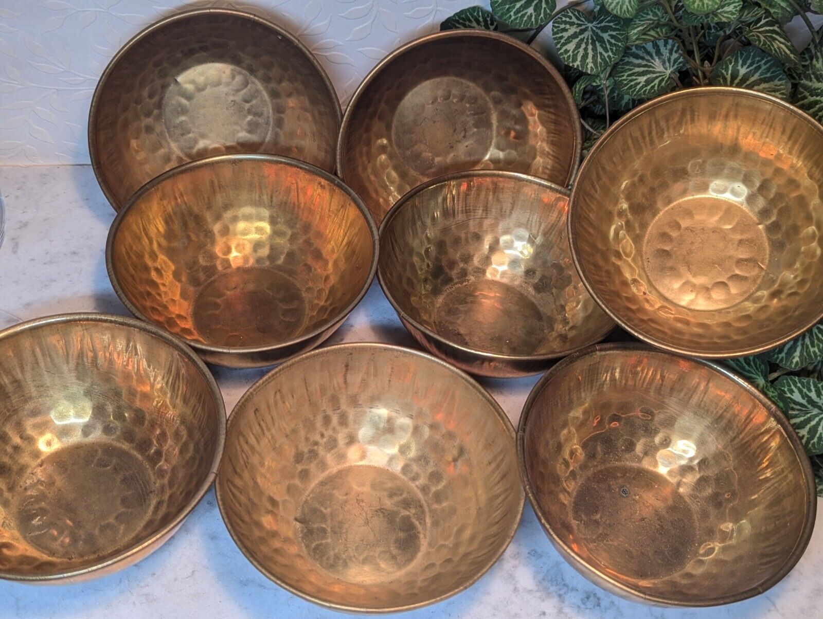 Set Of 8 Vintage Mid Century Modern 60's Brass Bowls hand hammered 4.75x2
