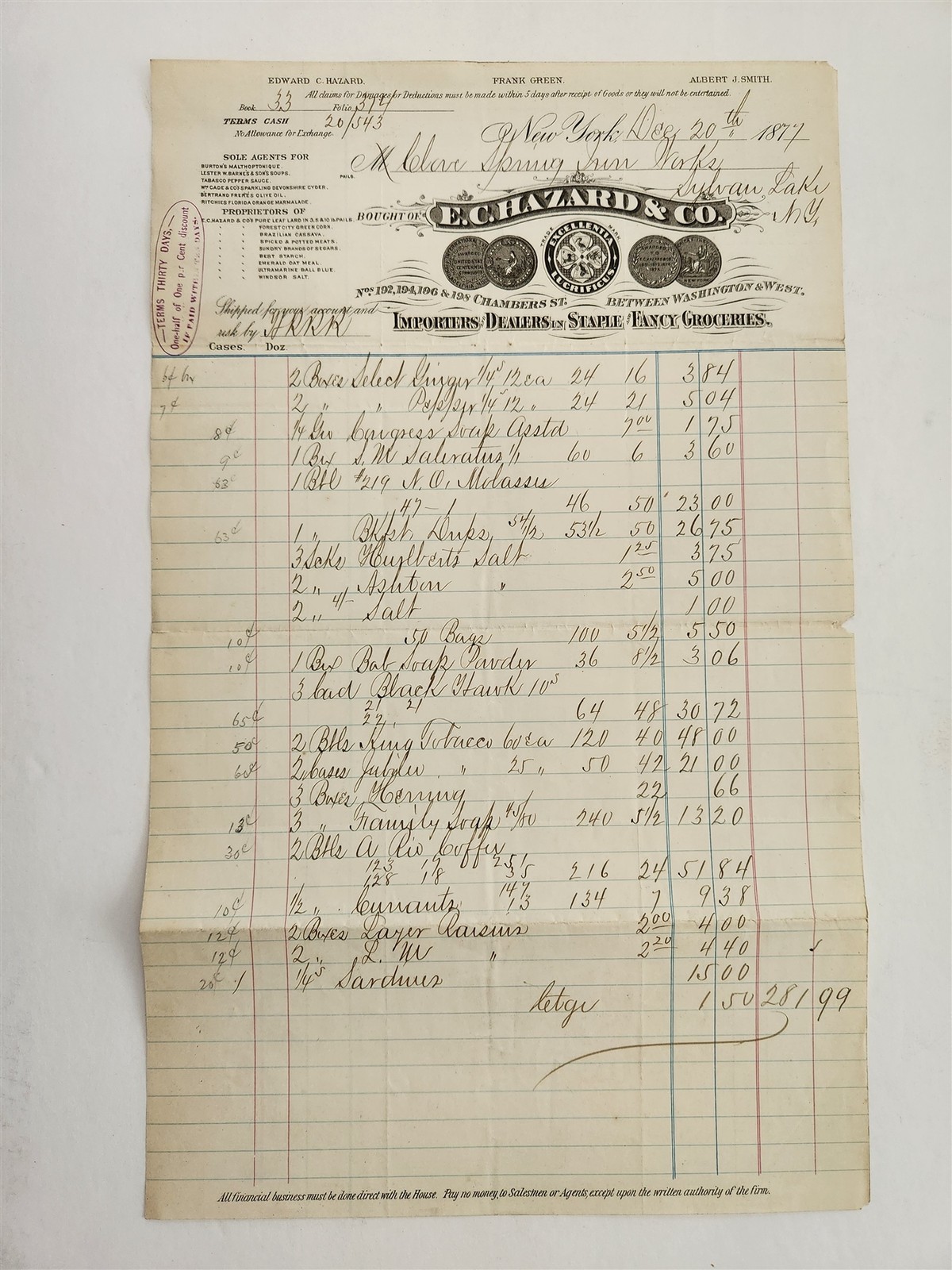 1877 antique E.C. HAZARD & CO ny BILLHEAD fancy GROCERIES M. CLOVE IRON WORKS