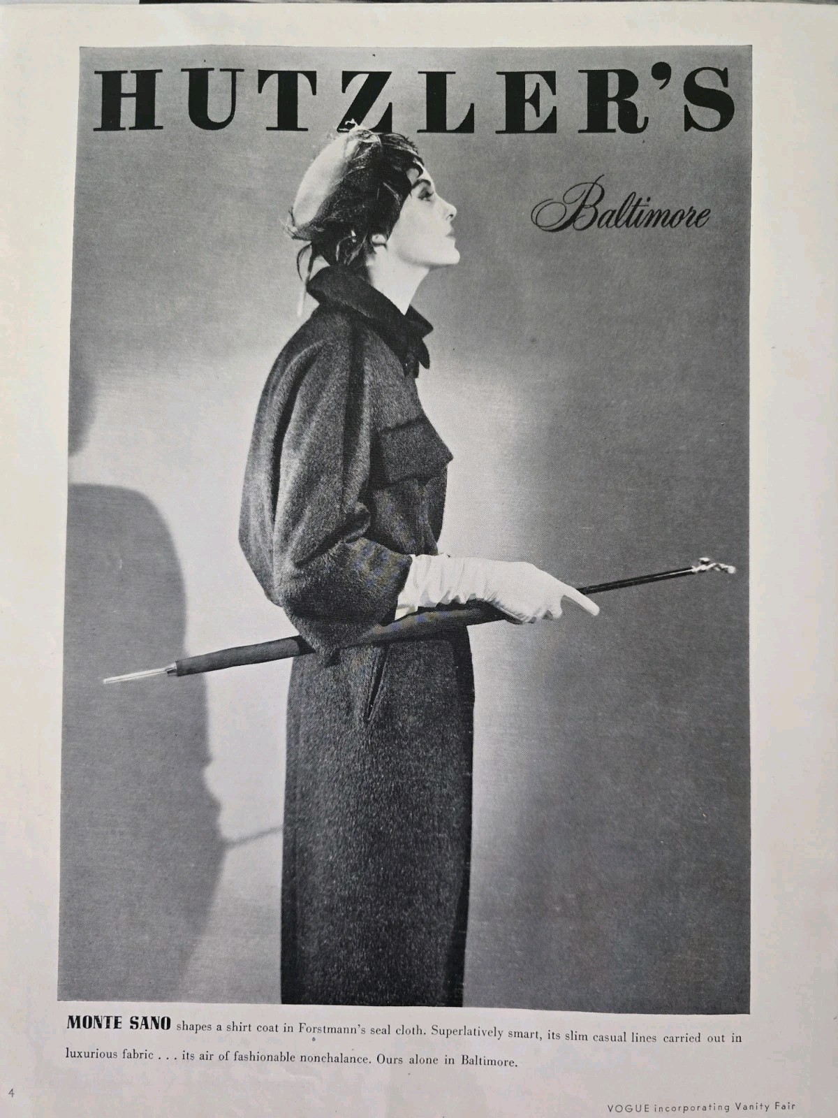 1955 Women\'s Monte Sano Shirt coat umbrella Hutzler\'s Baltimore MD vintage ad 