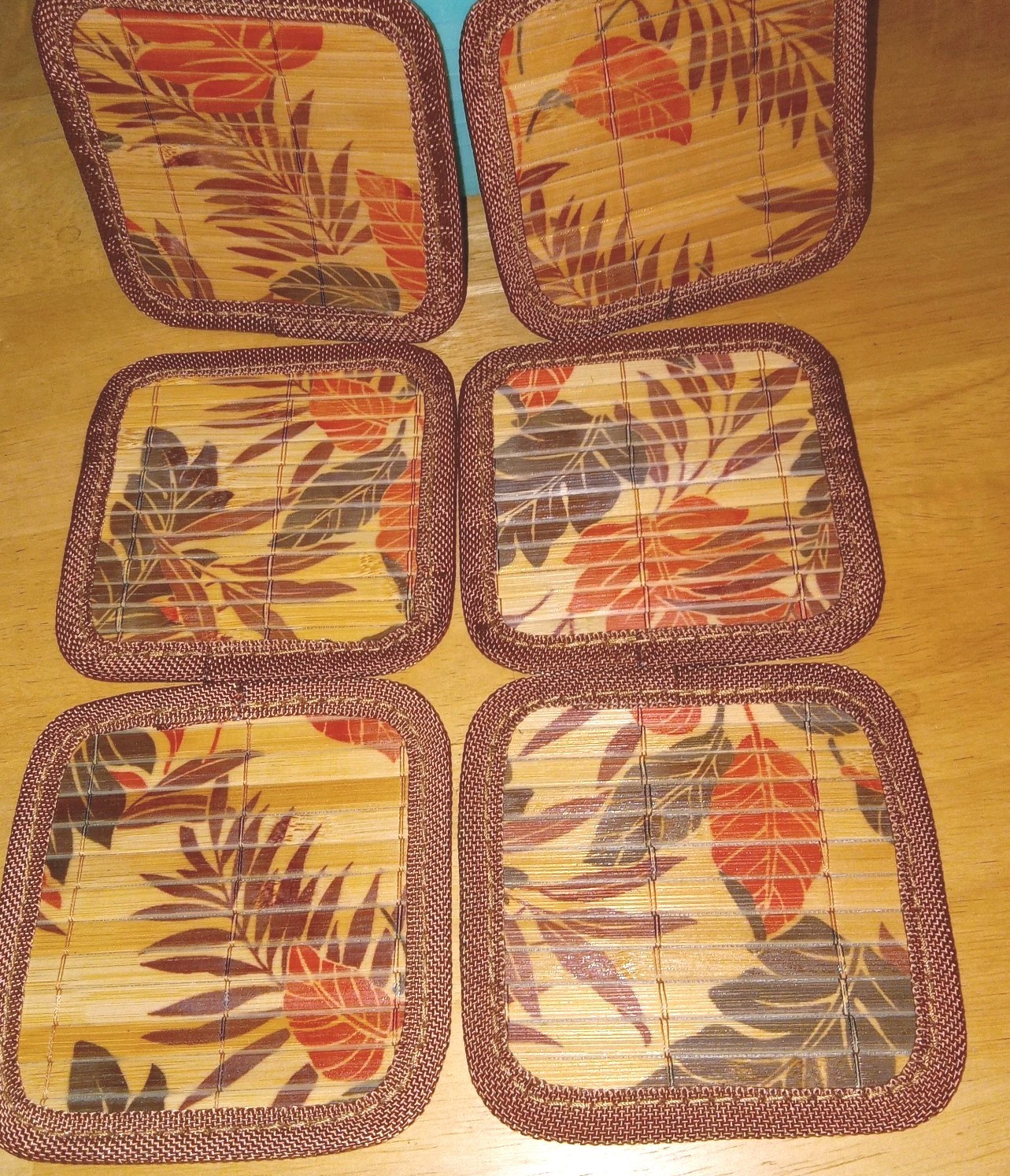 6 Pc Hawaiian Japanese Asian Bamboo Art Floral Coaster Set