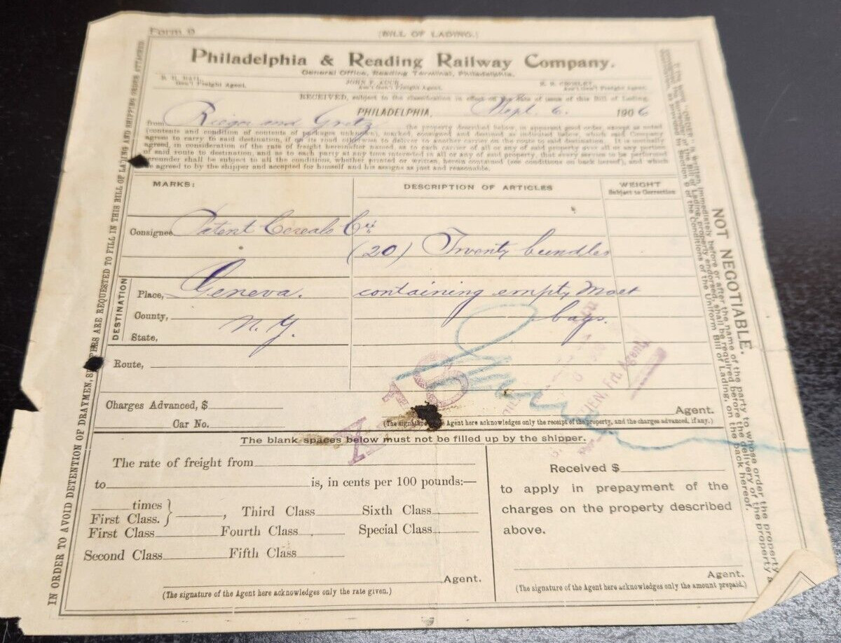 Philadelphia & Reading Railway Company Bill of Lading - September 1906
