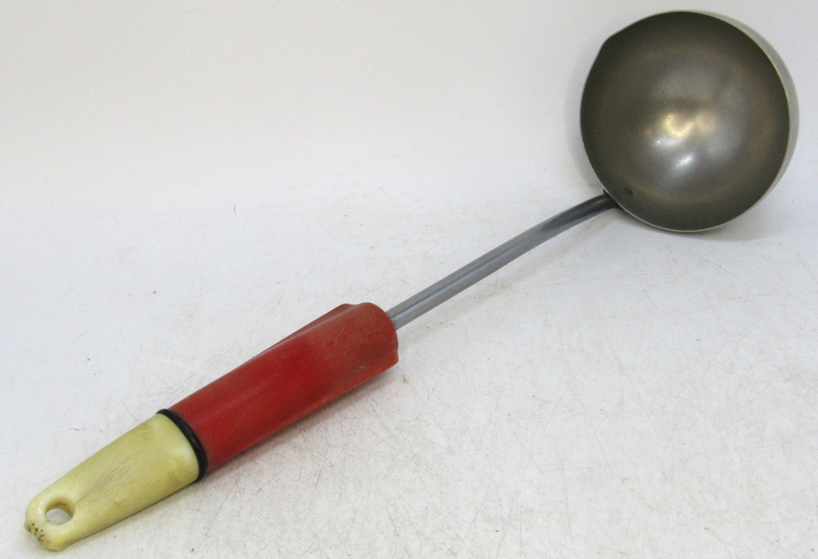 Vintage 1950\'s Red & Beige Handled Stainless Steel Ladle.