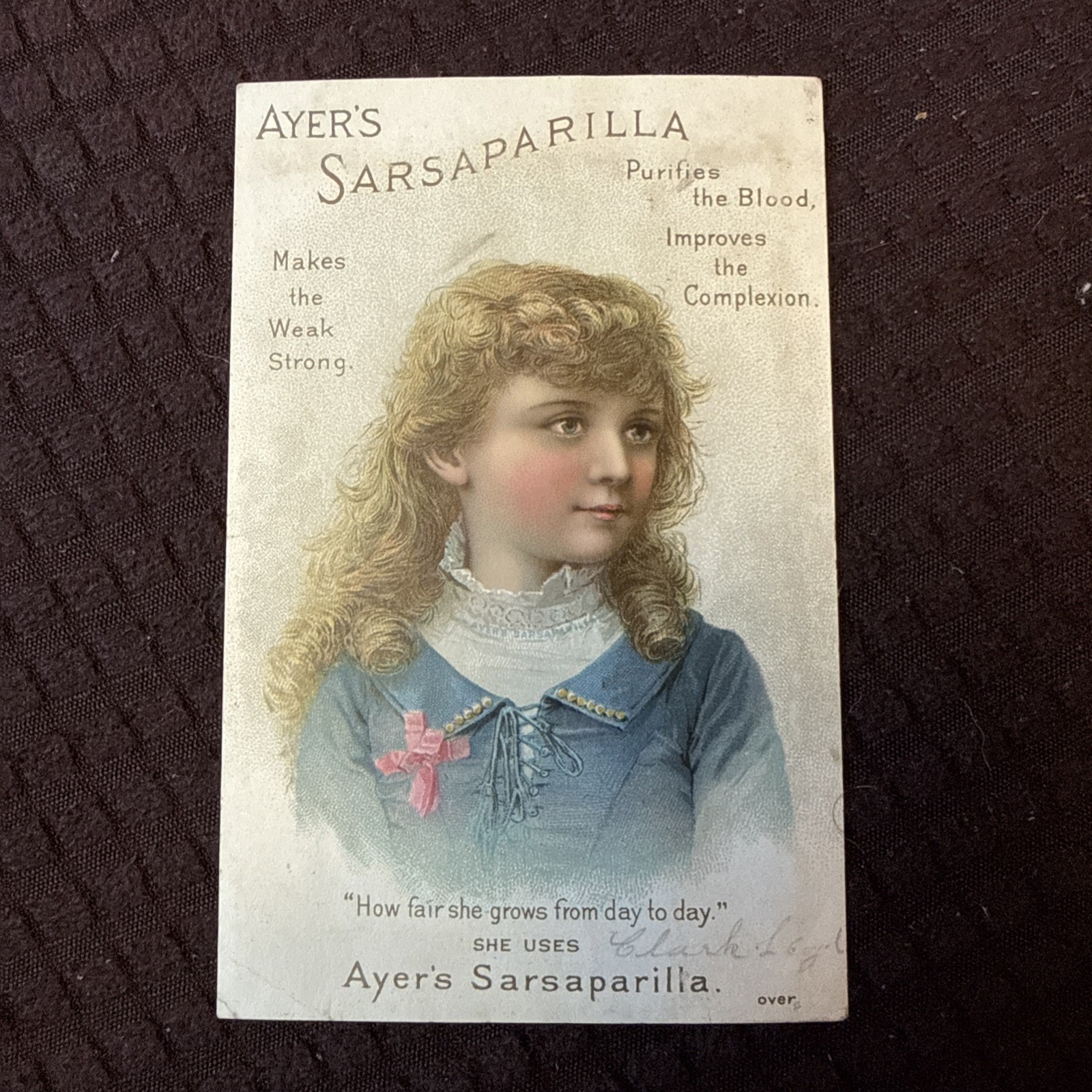 Antique Victorian Ayer’s Sarsaparilla Trade Card Girl 1890 Dr J.C. Ayer