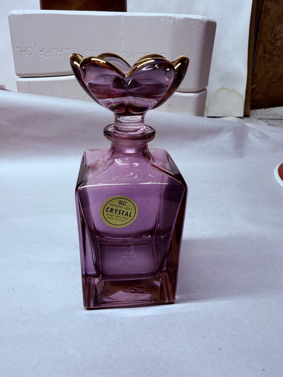 SC Italian Lead Crystal Purple Amethyst Perfume Bottle w/ Flower Stopper