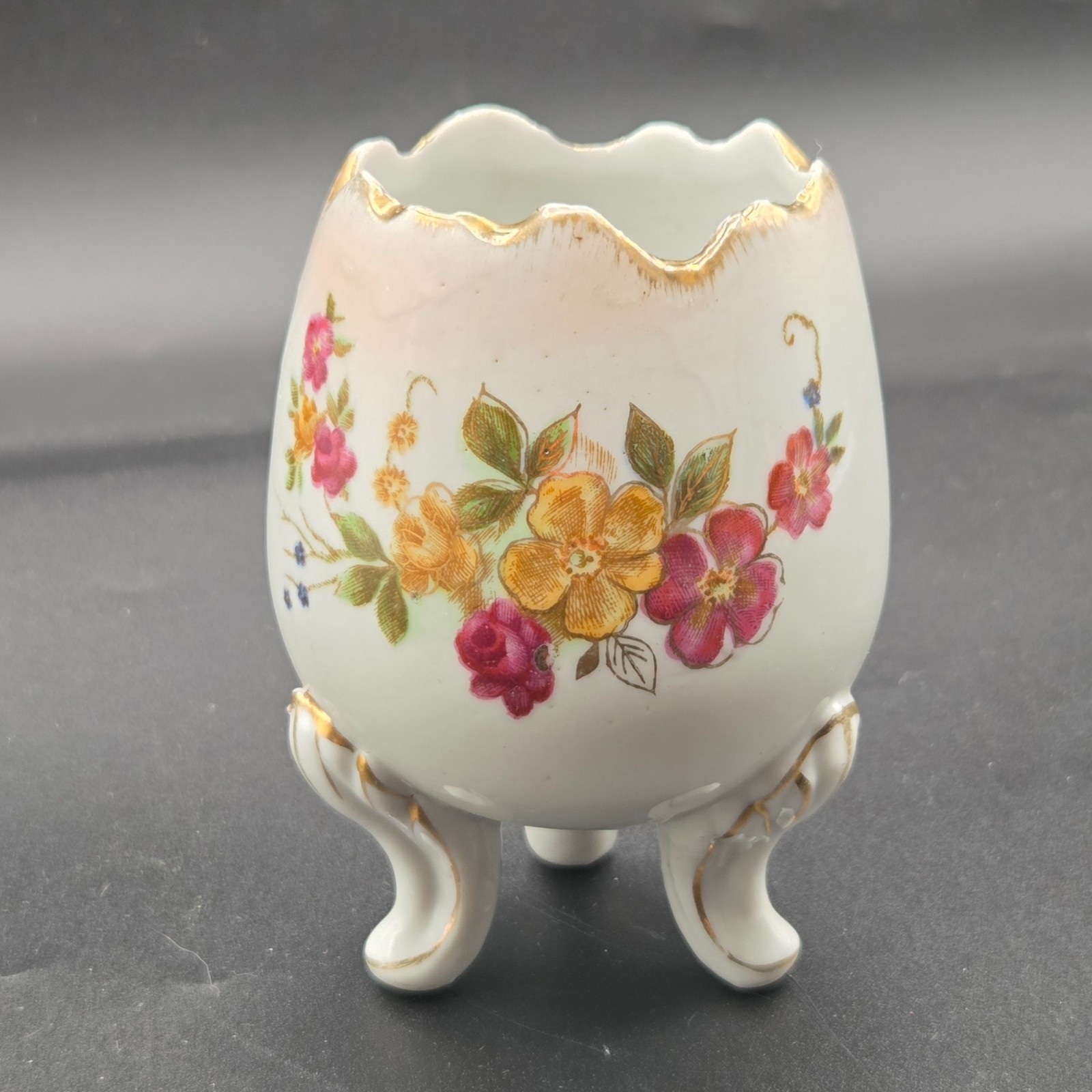 Porcelain Cracked Egg Vase 3 Footed Hand Painted Floral Gold Trim Vintage