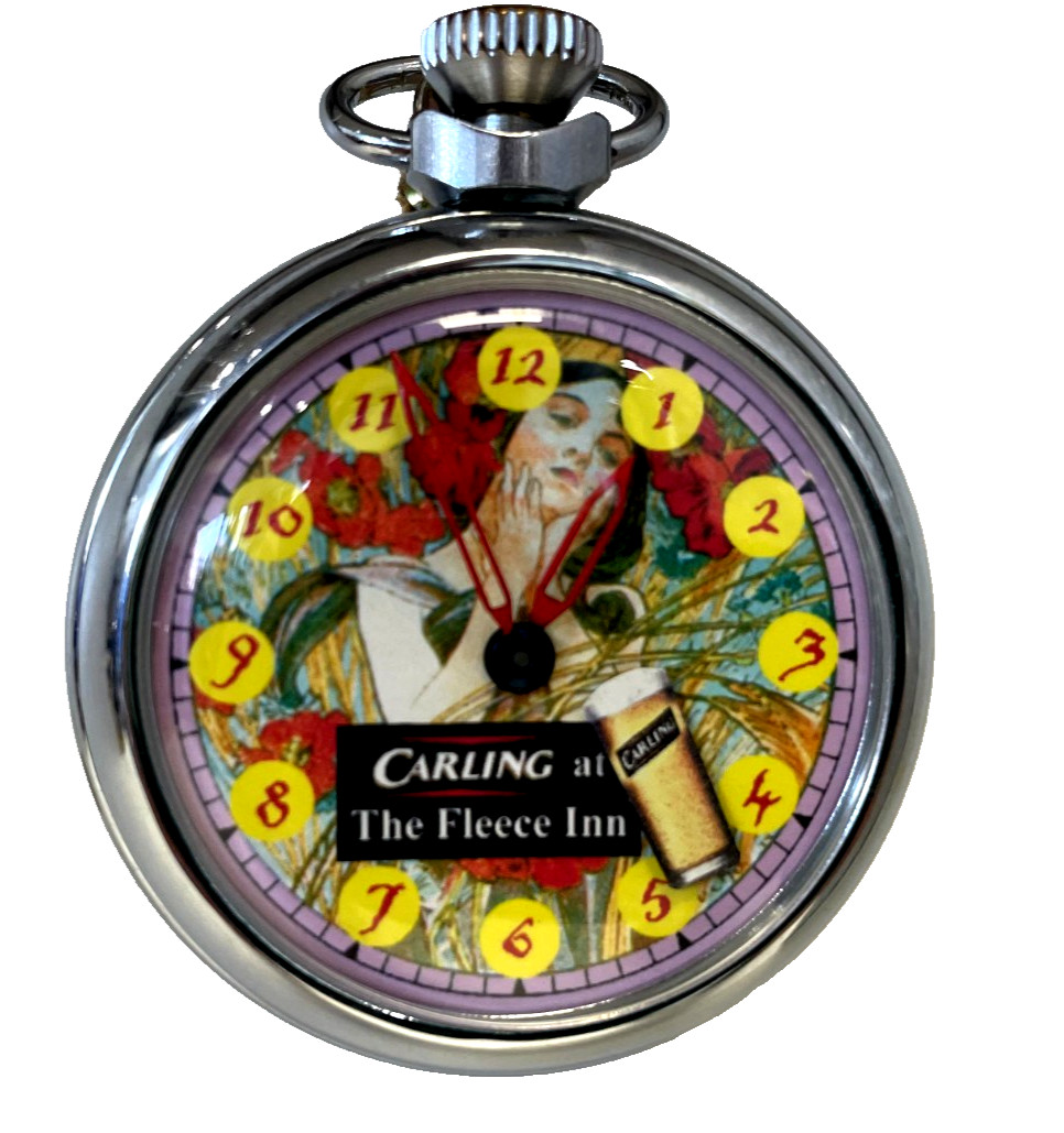 RARE -CARLING at tHE fLEECE iNN POCKET WATCH RUNS, NEEDS SERVICING