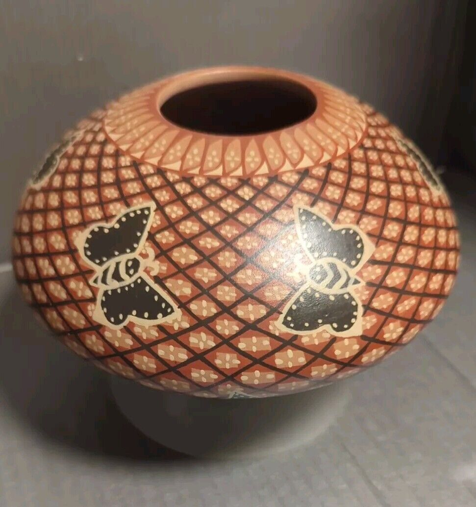Vintage Latin American Handpainted Terra Cotta Art Vase Geometric W Butterfly 