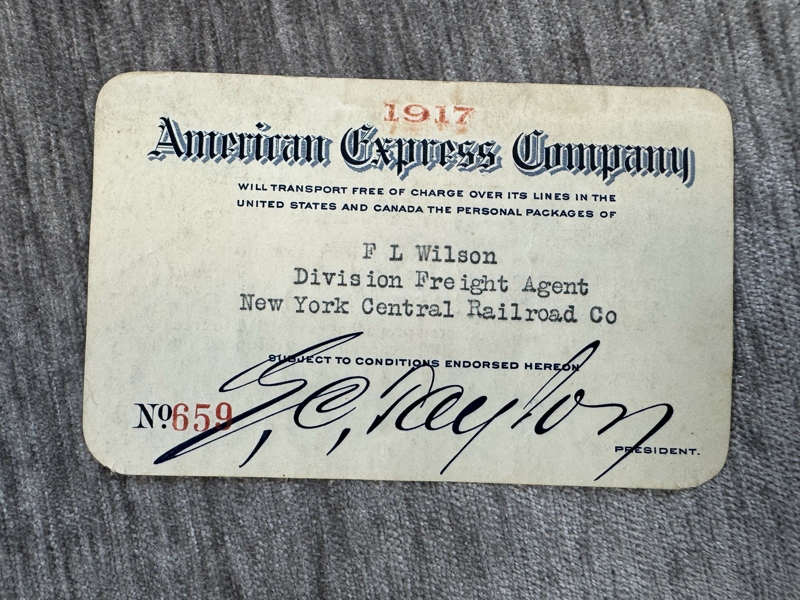 Antique 1917 American Express Company Frank Card New York Central Railroad USA