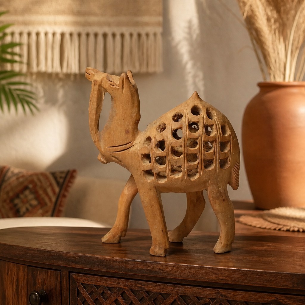 Hand Carved India Jali-Style Wooden Mother Camel With Baby Inside 4\