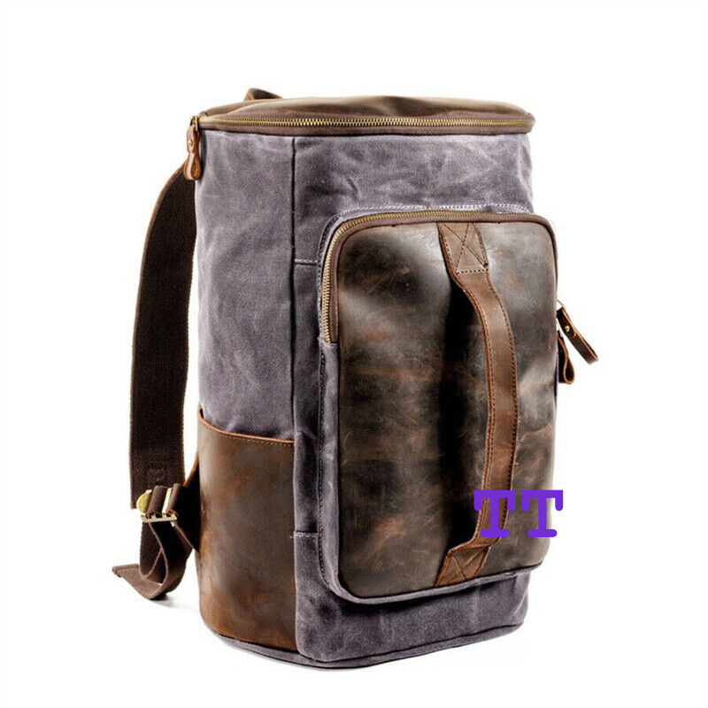 Retro Oil Wax Canvas Bucket Backpack Man\'s Cylindrical Travel Rucksack Handbag 